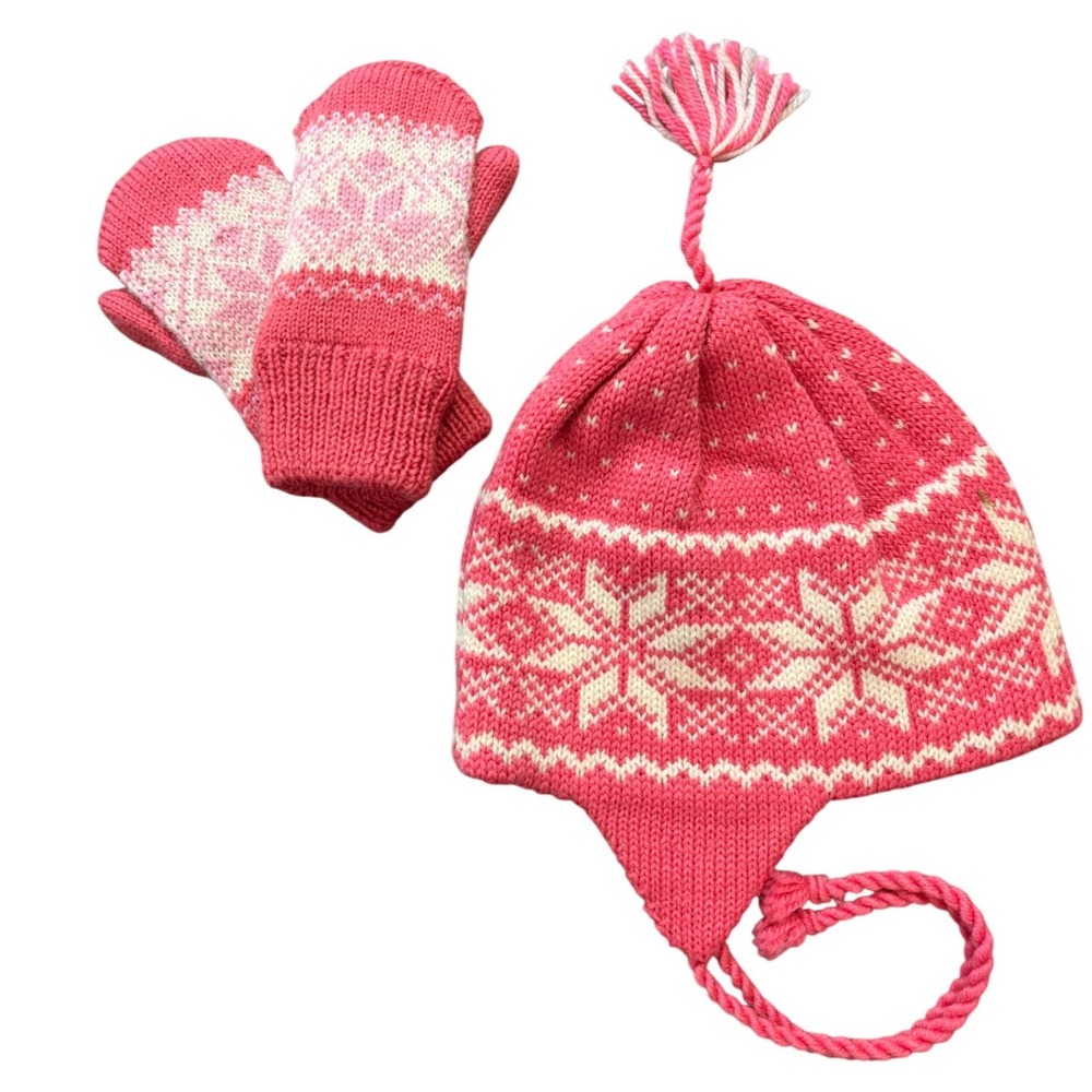 Snarby Strikkestudio As Kids Pink Wool Fair Isle Hat & Norlender Mittens Set 3-6